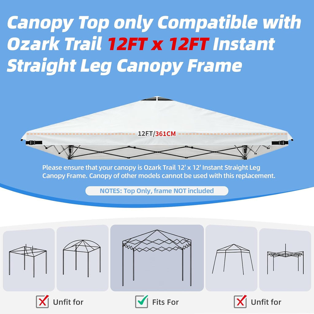 Joramoy 12x12ft Canopy Replacement Waterproof Taped Seams(White Top Only)