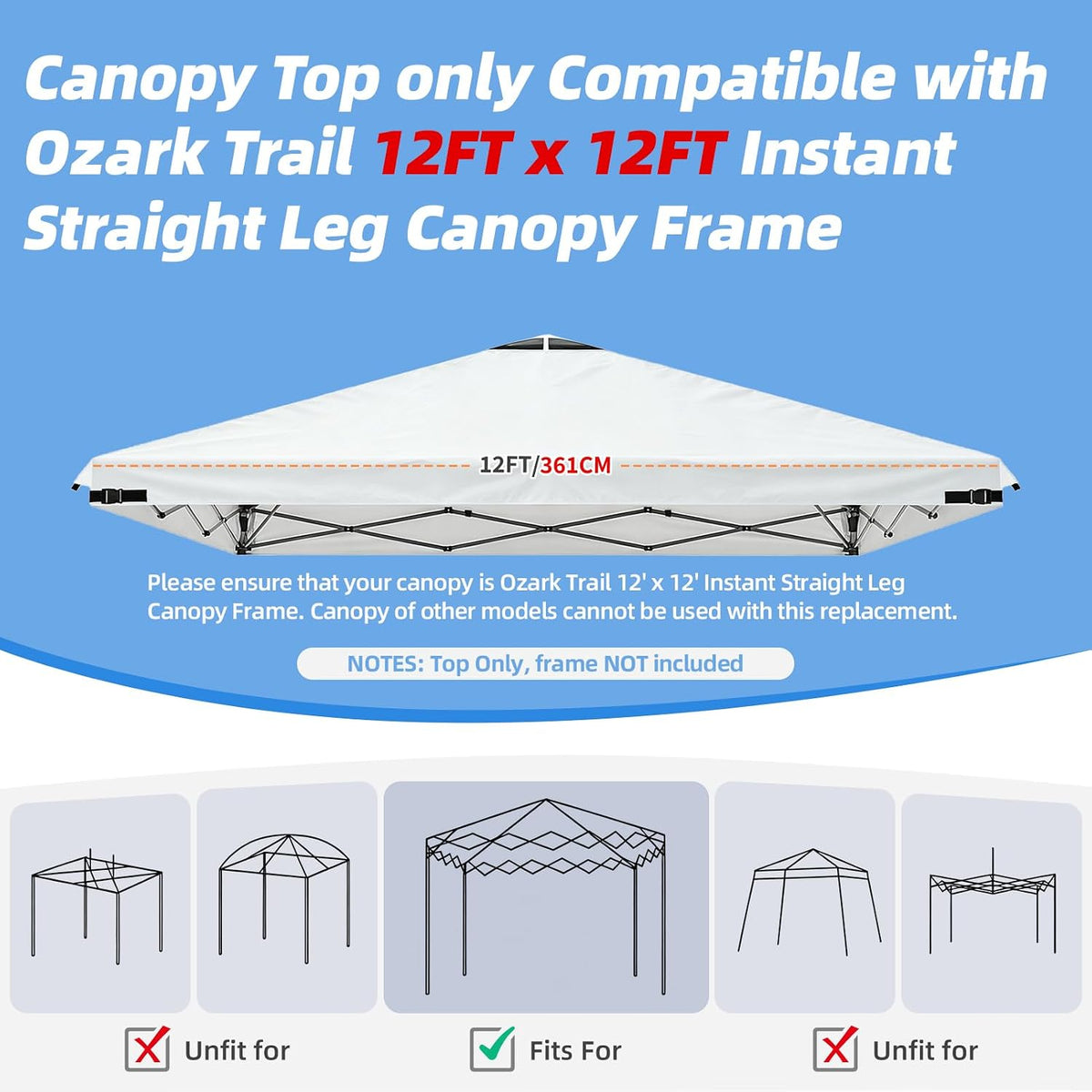 Joramoy 12x12ft Canopy Replacement Waterproof Taped Seams(White Top Only)