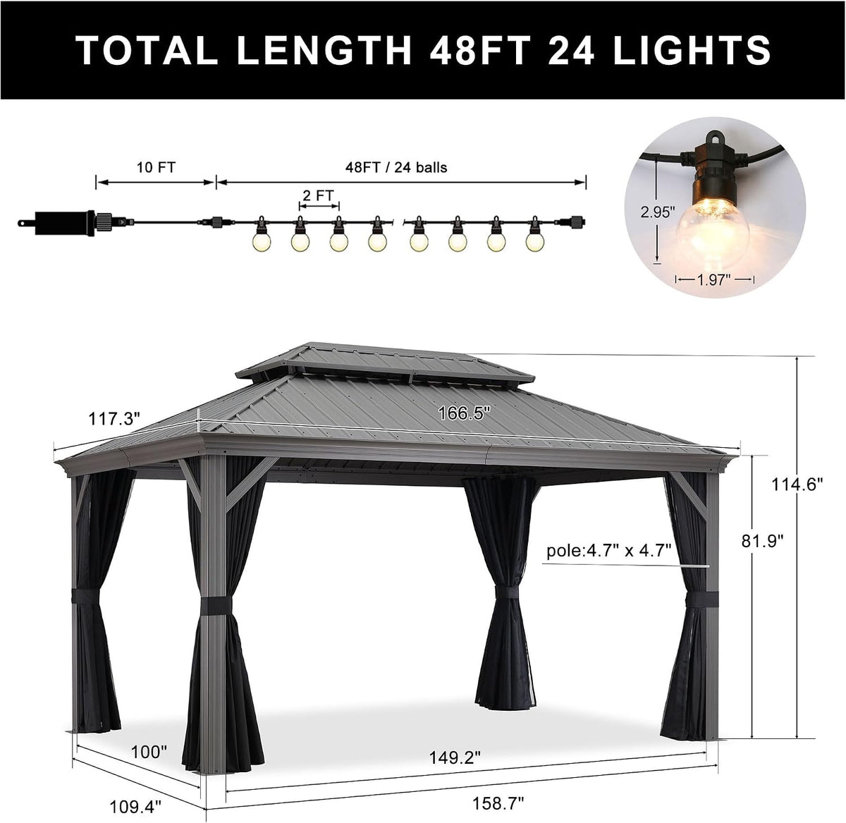PURPLE LEAF Outdoor Gazebo 10' x 14' w/Lights & 4.7" Thick Post for Patio