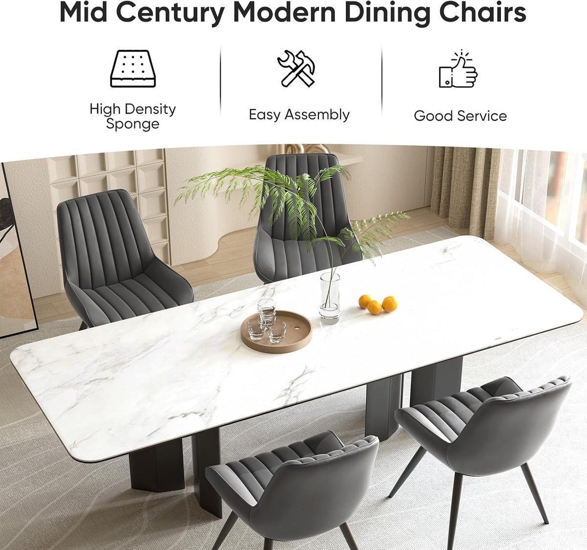 Nalupatio Modern Dining Chairs Set of 2, Comfy Dining Room Chairs with Thick Cushions, Upholstered Fabric Kitchen Side Chairs with Metal Legs, Dark Grey
