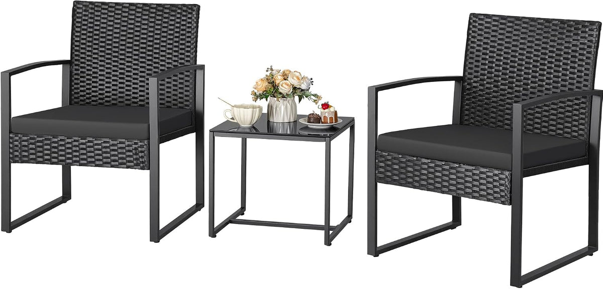 Greesum 3 Piece Wicker Conversation Bistro Sets Outdoor Patio Set(Black)