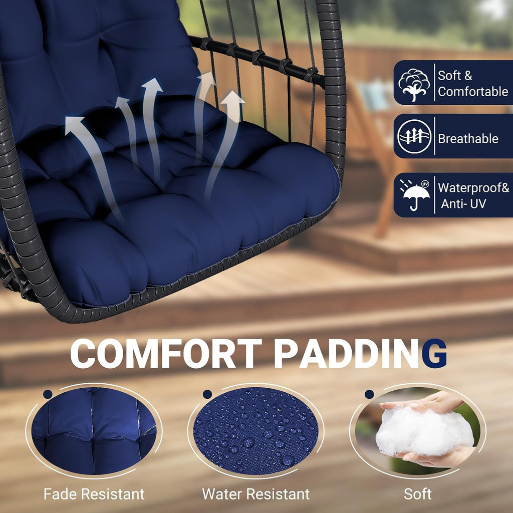 leveleve hanging egg chair with stand, patio rattan shown in use
