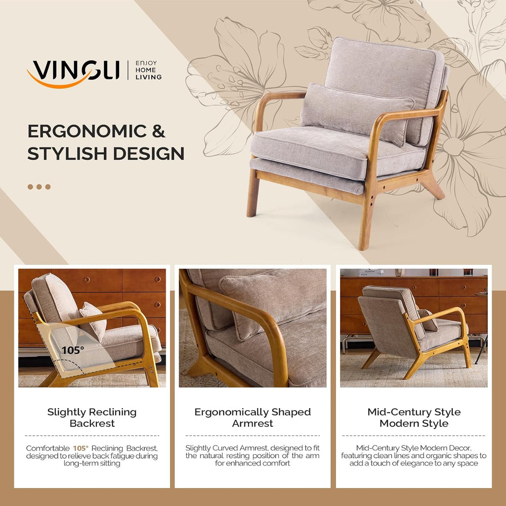 VINGLI Chenille Mid-Century Modern Accent Chair, Cute Reading Arm Chair with Cushion & Lumbar Pillow & Solid Wood Frame for Lounge, Living Room, Reading Room, Bedroom, Light Khaki