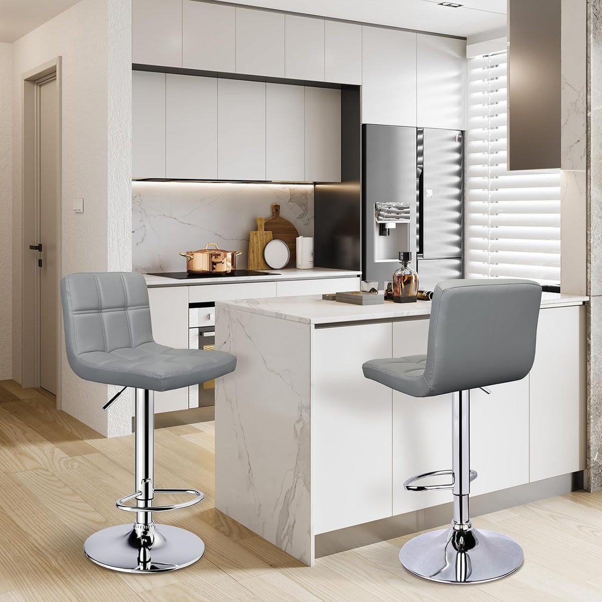 Bar Stools Set of 2 Adjustable Height Barstools with Back, Light Gray