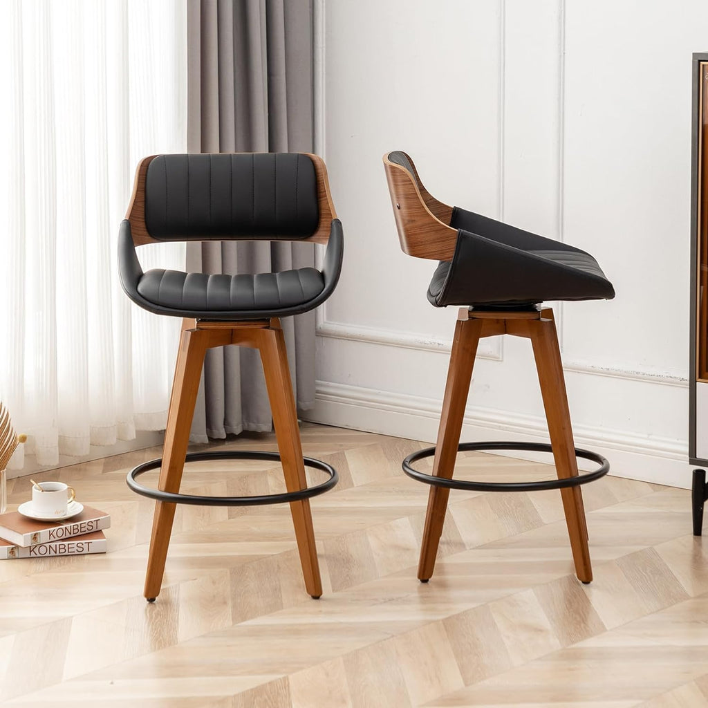 LUNLING Swivel Bar Stools,Mid Century Modern Black Faux Leather Upholstered Counter Height Barstools,Kitchen Island Wooden Bar Chairs,29.5-Inch Armless Counter Stools with Wood Back and Legs,1PCS