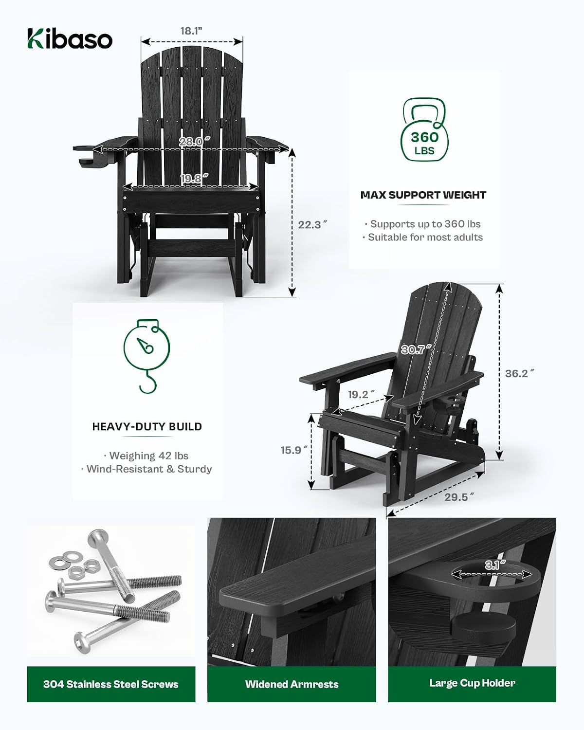 Adirondack Chairs, All-Weather Outdoor Gliders Set of 2,Black