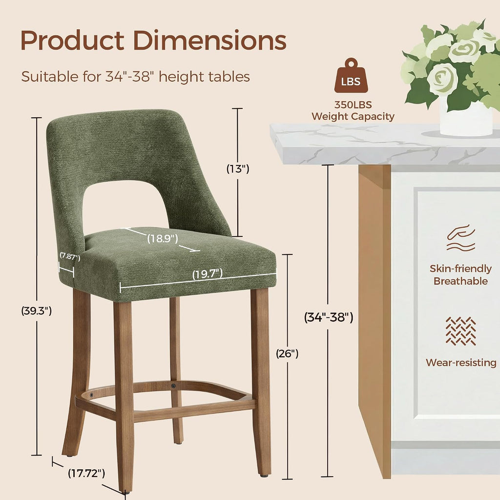 UVV Bar Stools Set of 2, Upholstered Counter Height Bar Stools, Modern Counter Stools with Wood Legs for Kitchen Island Dining Room Bar, Green