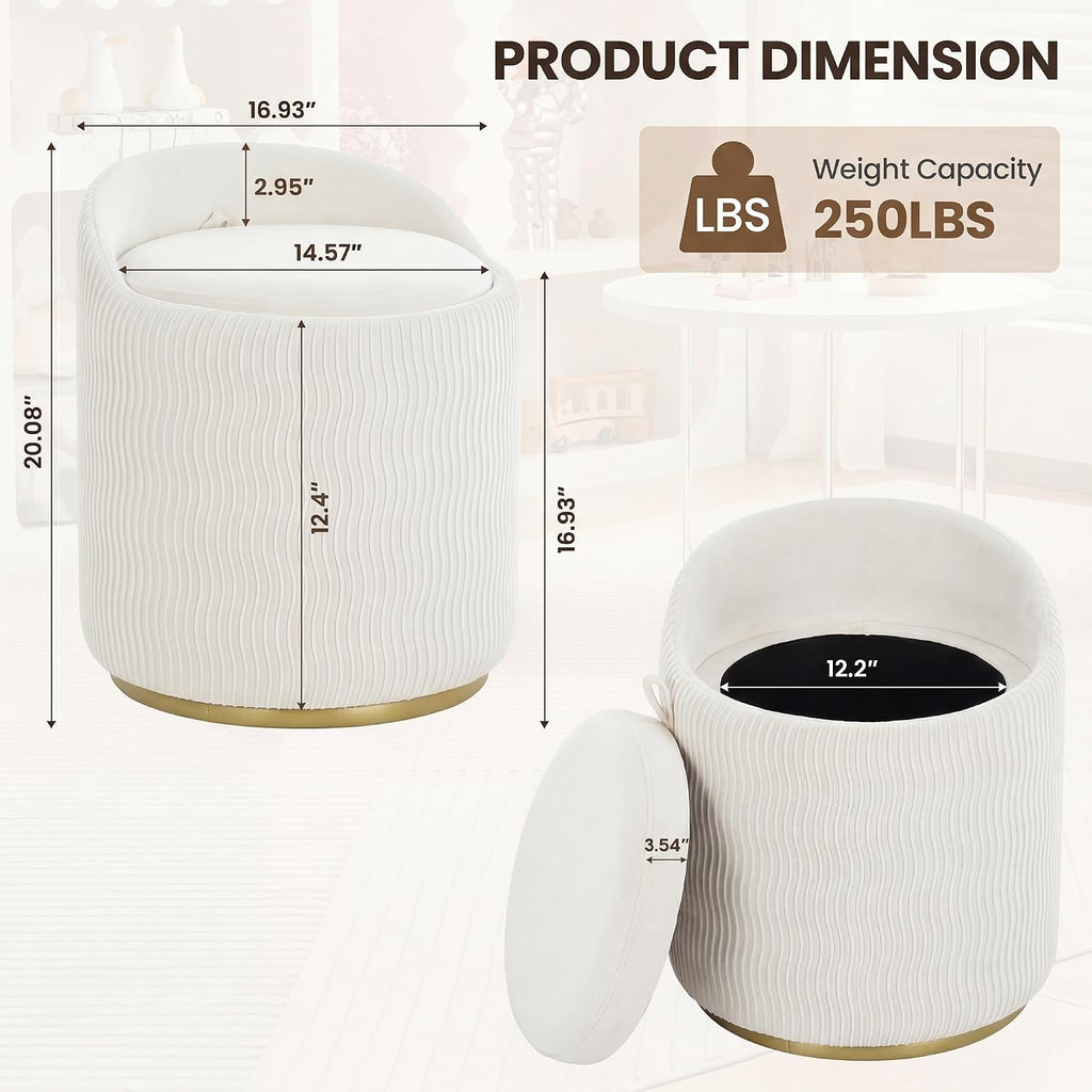 MALOL Vanity Chair with Storage, 360° Swivel Velvet Vanity Stool, Beige