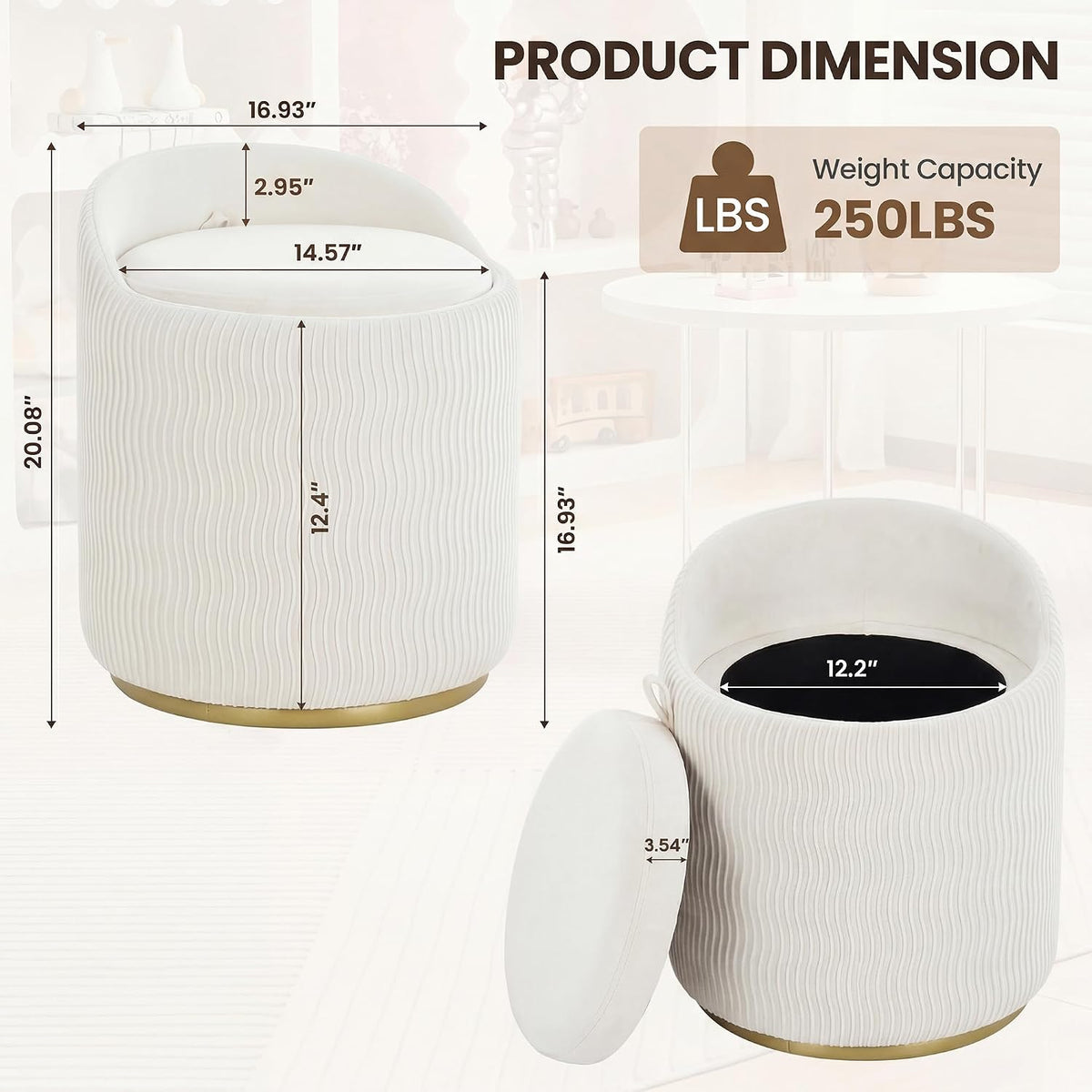 MALOL Vanity Chair with Storage, 360° Swivel Velvet Vanity Stool, Beige