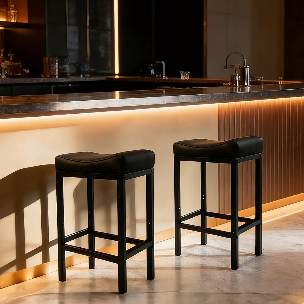 Bar Stools Set of 2, 30 Inch Backless Counter Height Bar Stools with Soft Faux Leather Seat, 300 LB Heavy Duty Padded Saddle Barstool Chair for Modern Kitchen Island Counter (Black)