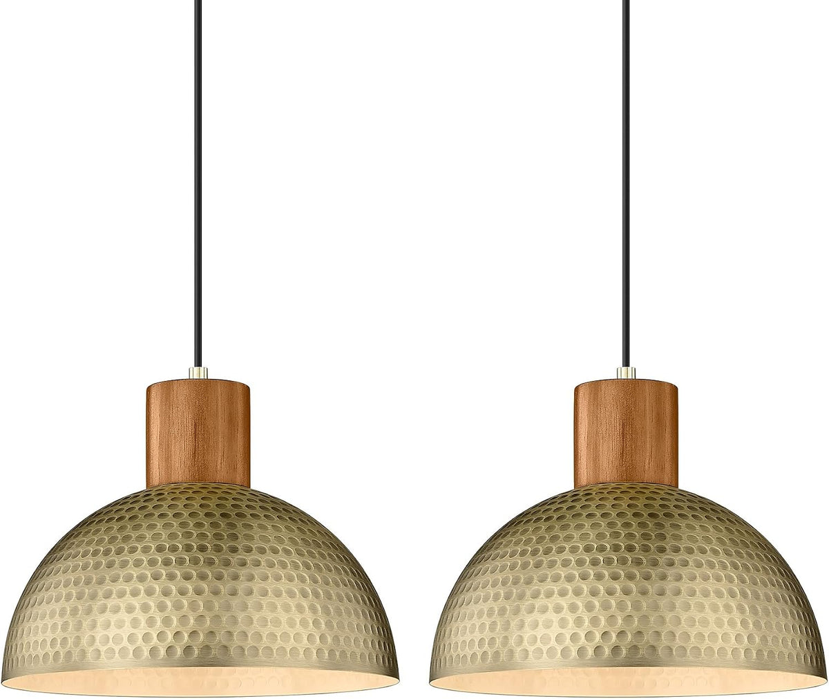 ELYONA 2 Pack Hammered Pendant Lights 12” Vintage Metal & Wood Dome Hanging Lamp Antique Gold Industrial Kitchen Pendant Light Fixtures for Island, Farmhouse, Dining Room, Sink, Hallway, Brushed Brass