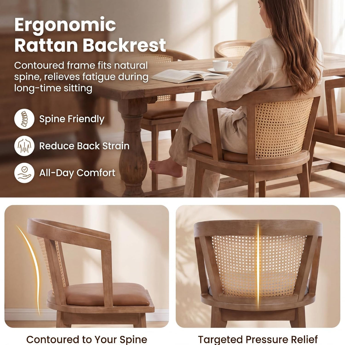 EALSON Rattan Mid Century Dining Chairs Set of 4 Modern Farmhouse Wooden Dining Room Chairs with Cane Curved Back Leather Upholstered Comfortable Kitchen Side Chairs for Restaurant, Brown