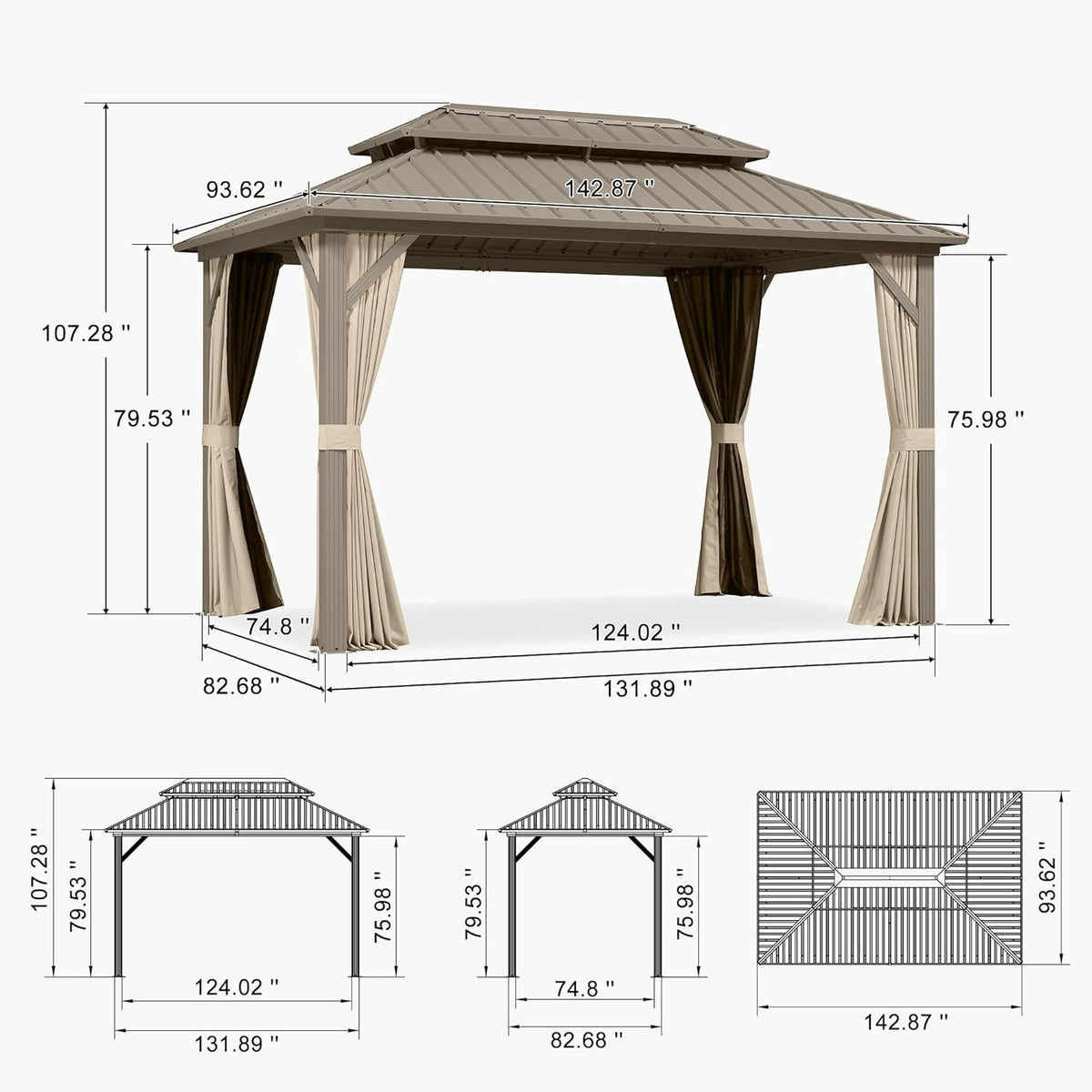 PURPLE LEAF Outdoor Hardtop Gazebo 8' x 12' Champagne Aluminum Structure