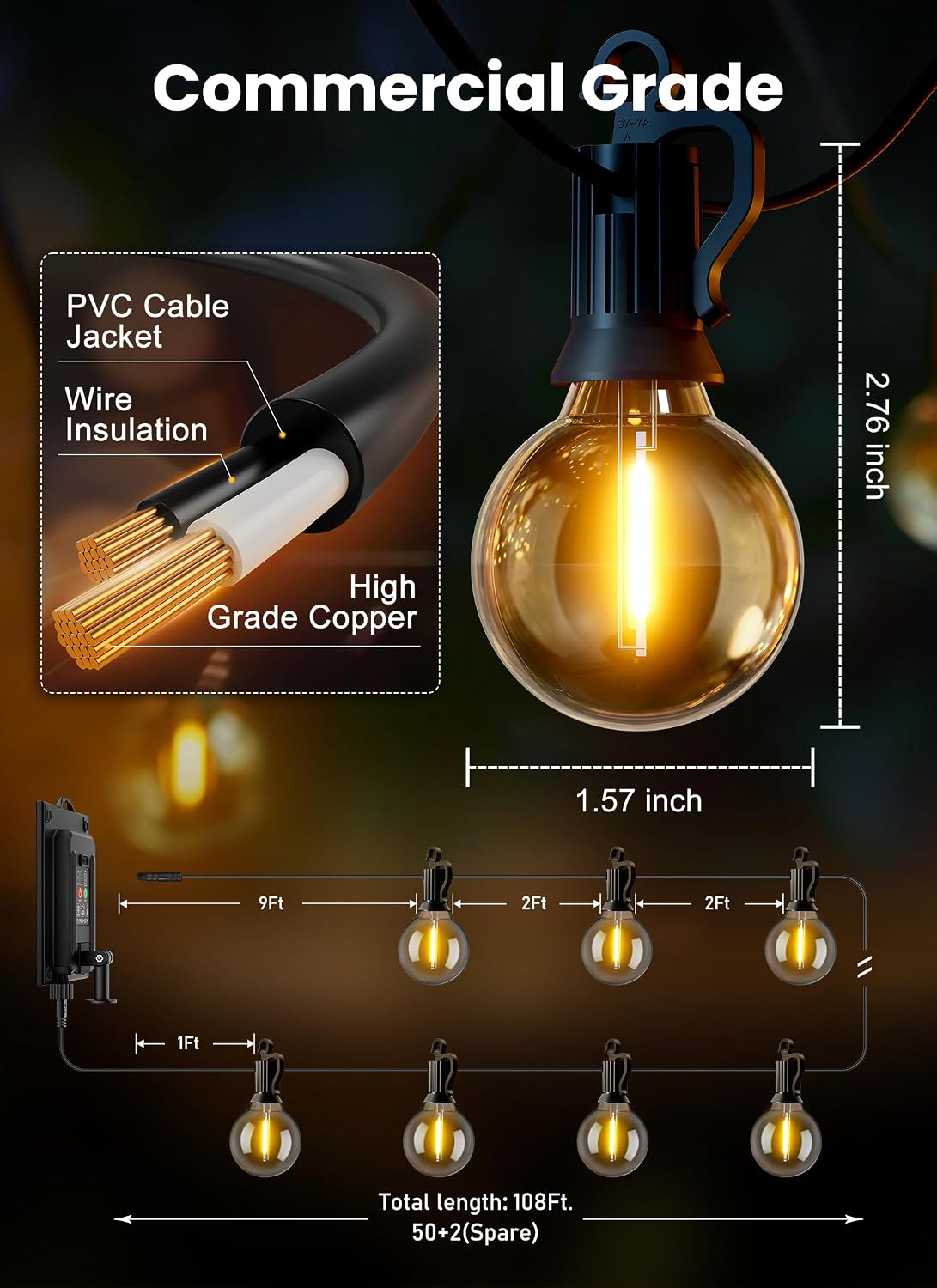 Brightown 108FT 52LED Solar String Lights Outdoor with Remote & USB Port