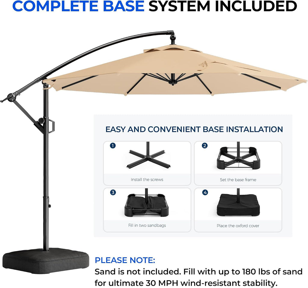 HOMSHADE 10ft Cantilever Patio Umbrella with Base Included, 30 MPH Wind-Resistant Offset Outdoor Hanging Umbrella with 45 Degree Infinite Tilt and Smooth Crank, 260gsm Solution-Dyed 8-Year Fade-Resistant Canopy for Backyard Pool Deck, Beige