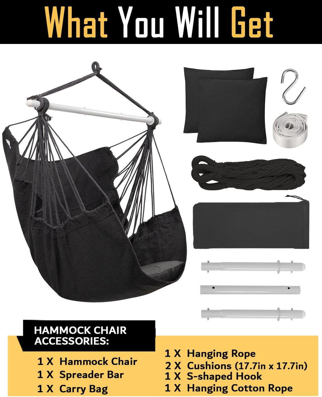 ADVOKAIR Hammock Chair Swing, Heavy-Duty Hanging Rope Swing Seat Supports 500 Lbs, Ideal for Outdoor Patio, Backyard, Porch, Deck & Indoor Bedroom Use