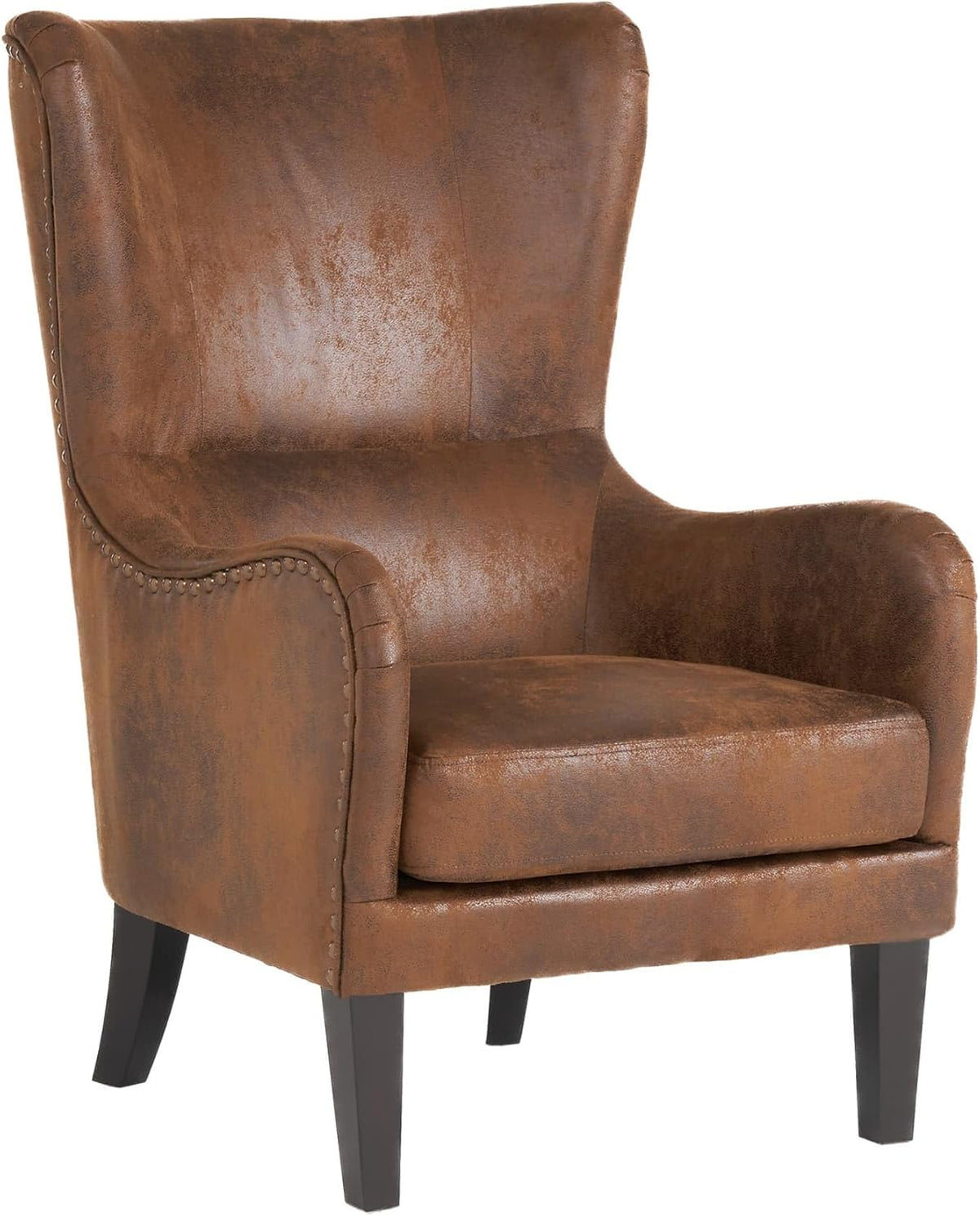 Mid-Century Modern Wingback Chairs Set of 2, Accent Club Chair with Nailhead Trim, 2 Piece Faux Leather Armchair Sofa for Living Room Single Sofa Armchair Office