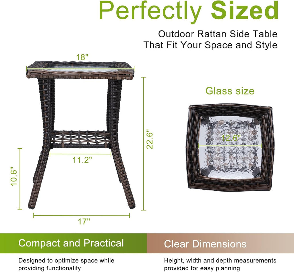 Outvita Rattan Outdoor Side Table with Glass Top & Storage Shelf