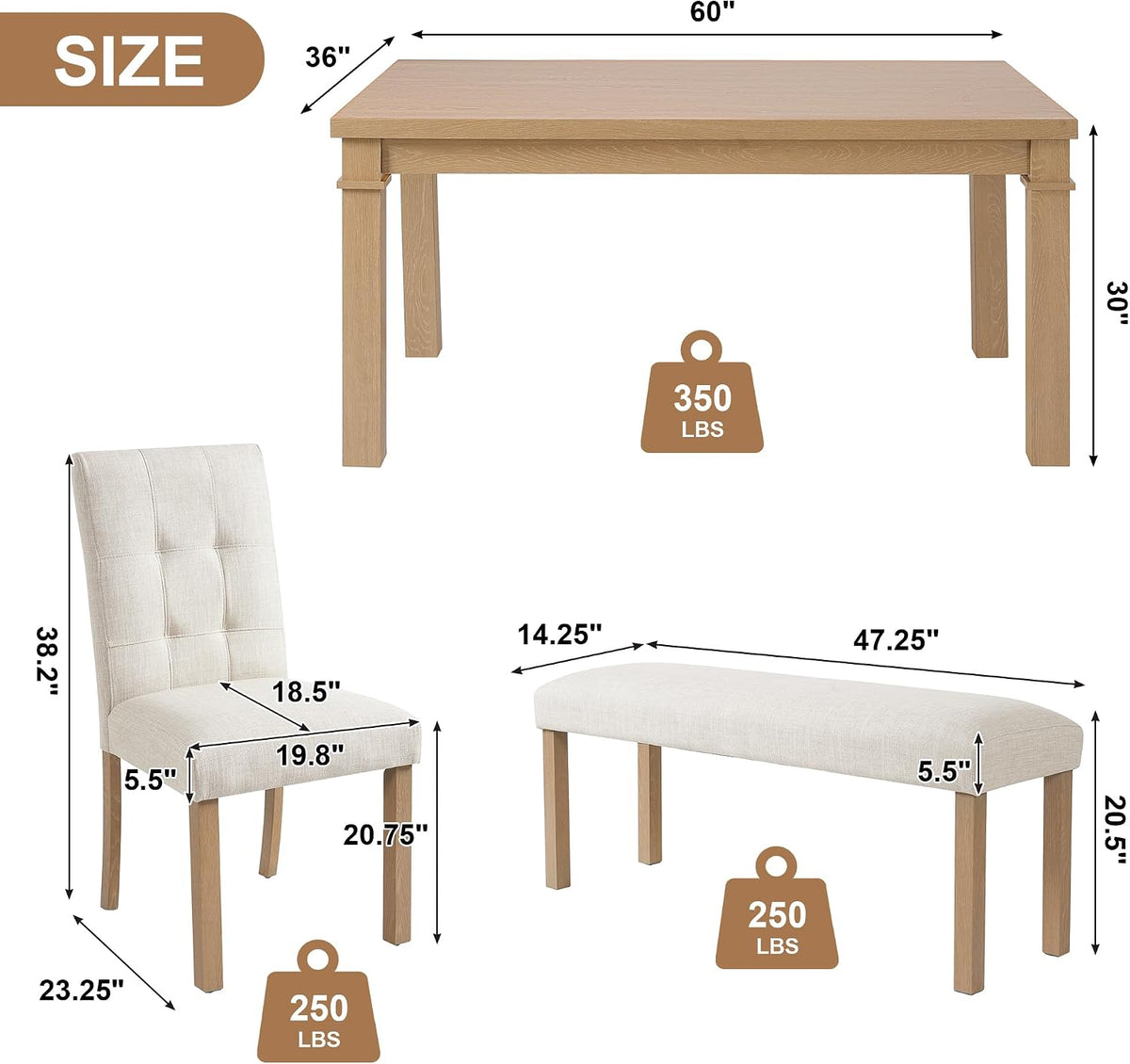 P PURLOVE 6 Piece Dining Table Set, Wood Rectangle Kitchen Table with 4 Upholstered Chairs 1 Bench for Dining Room and Living Room (Natural)