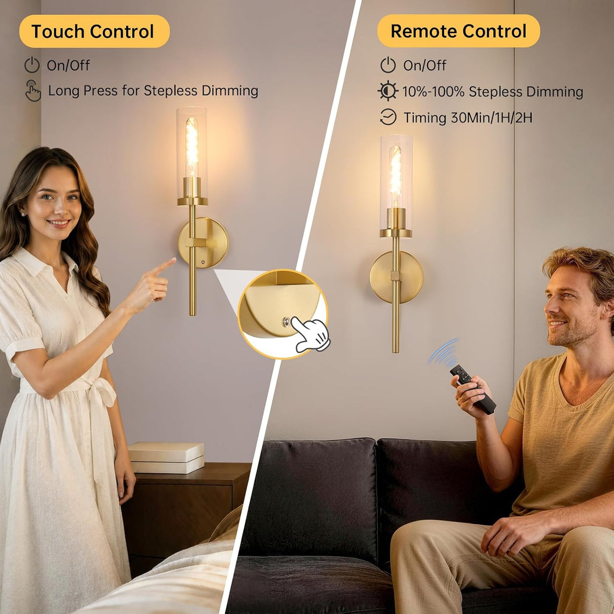 Shenmoyl Battery Operated Wall Sconces Set of 2, Gold Rechargeable Wall Lighting Fixtures, Dimmable Wall Lights with Remote & Clear Glass Shade for Living Room, Bathroom,Bedroom