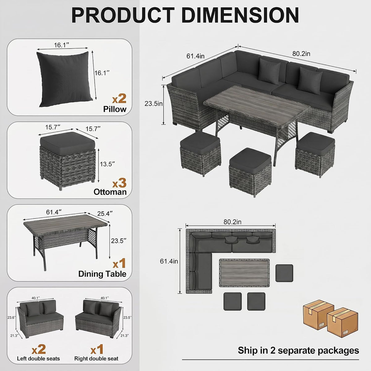 LOUVIXA 7 Pieces Patio Furniture Set, Outdoor Patio Furniture, Wicker Conversation Set with Dining Table, Chairs and Ottoman (6227 Grey-Grey)