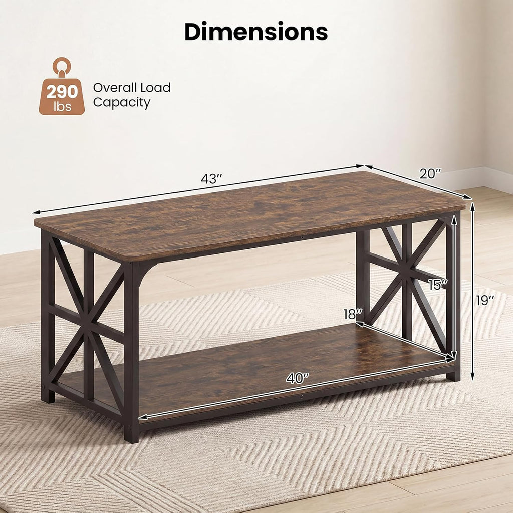 GIANTEX Farmhouse Coffee Table, 43" Center Table with Storage, Rustic Brown