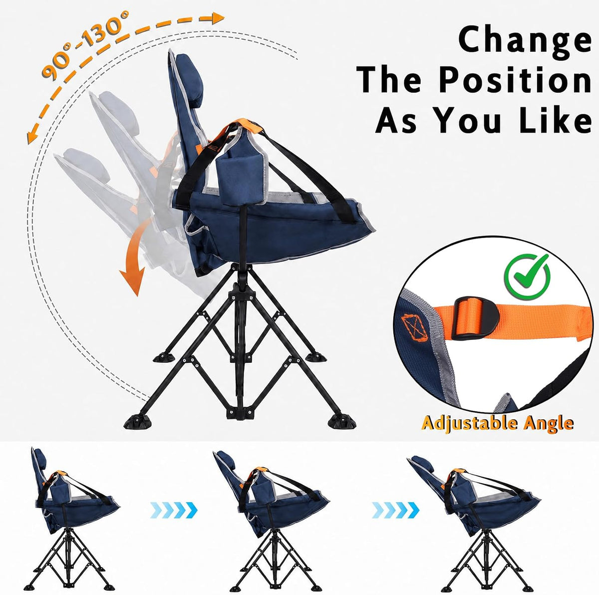 Romswi 1 Pcs Hammock Chair, Oversized Portable Folding Swinging Chair with Adjustable Back & Seat, Supports 440lbs for Outdoor, Patio, Lightweight Camp Chair Blue(Without footrest)