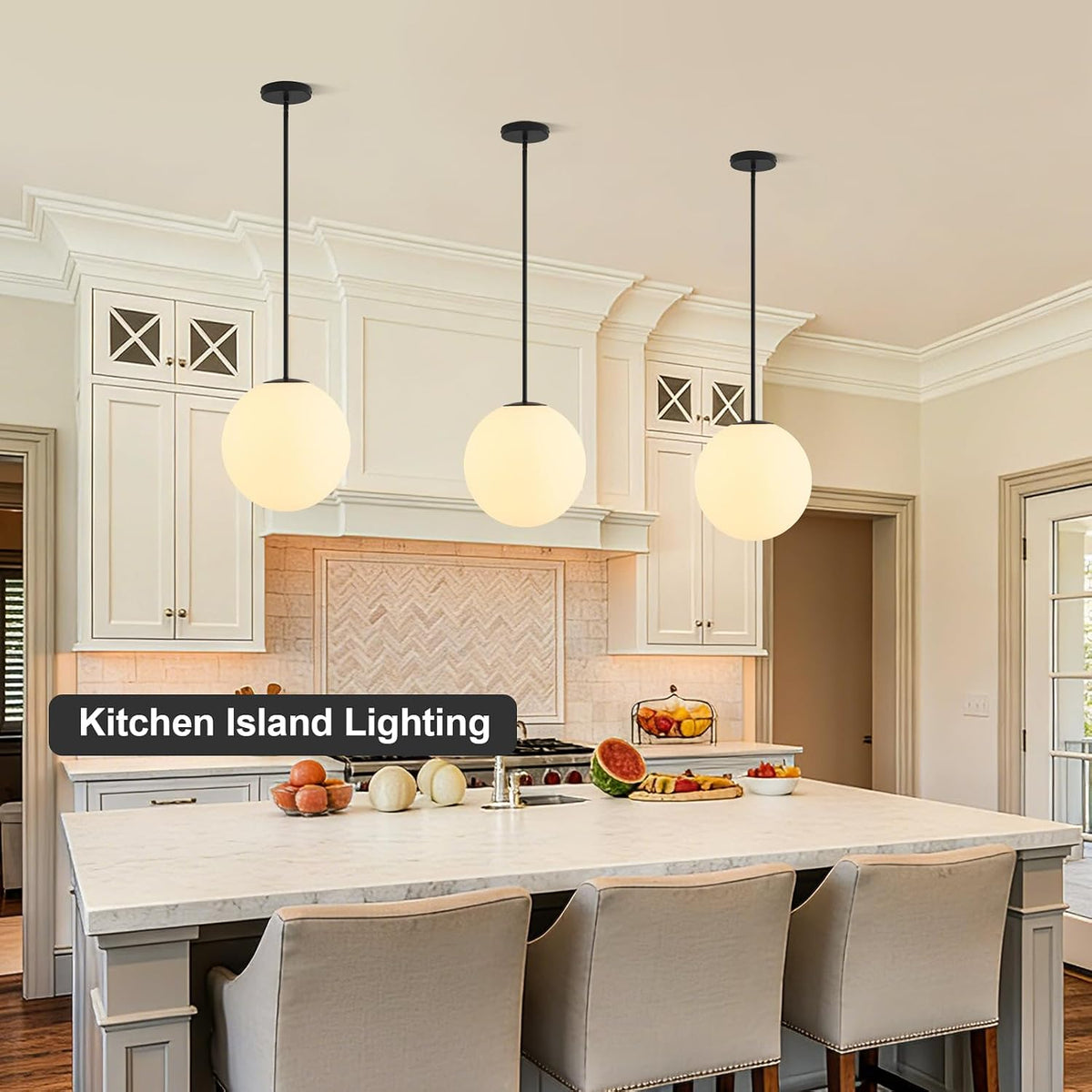 11.8in Milk Glass Pendant Light, Large Mid Century Modern Pendant Lights Kitchen Island, Black Fininsh Hanging Light Fixture for Dining Room Over Table Sink Hallway, Black & Milk 1 Pack