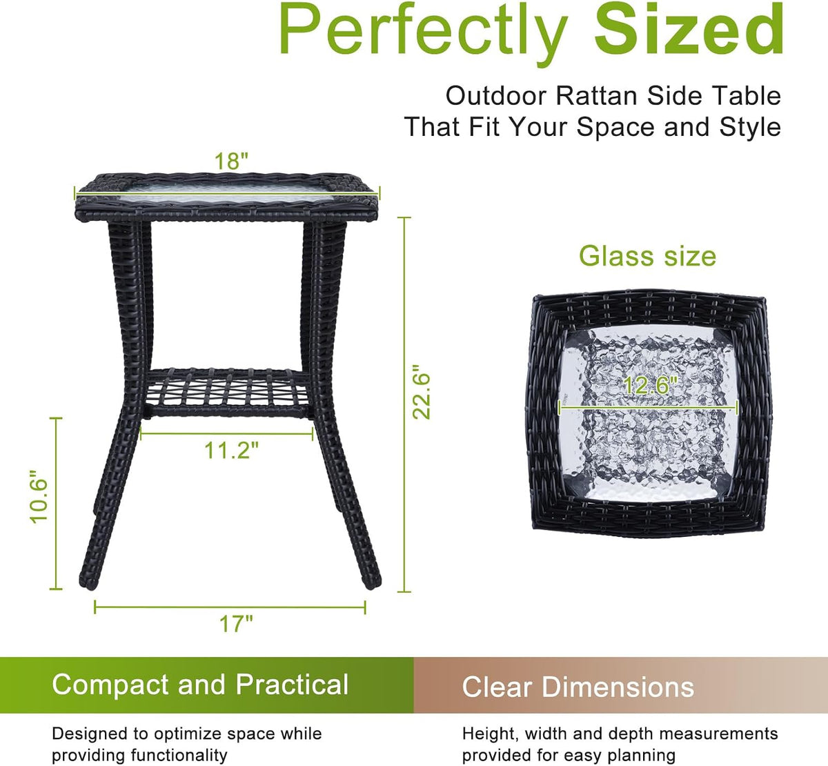 Outvita Rattan Outdoor Side Coffee Table with Glass Tabletop Storage Shelf