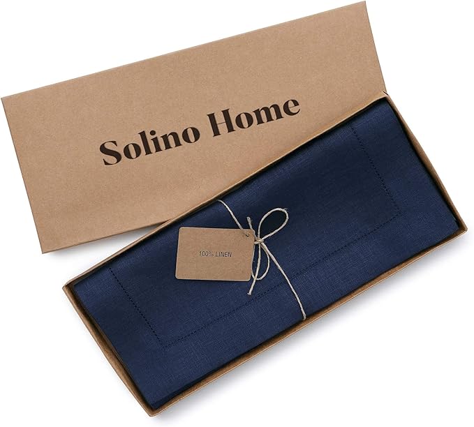 Solino Home Linen Navy Blue Table Runner 72 Inches Long - 100% Pure Linen Hemstitch Table Runner 14 x 72 Inch for Dresser, Dining, Fall, Autumn, Halloween, Thanksgiving, Christmas - Classic Hemstitch