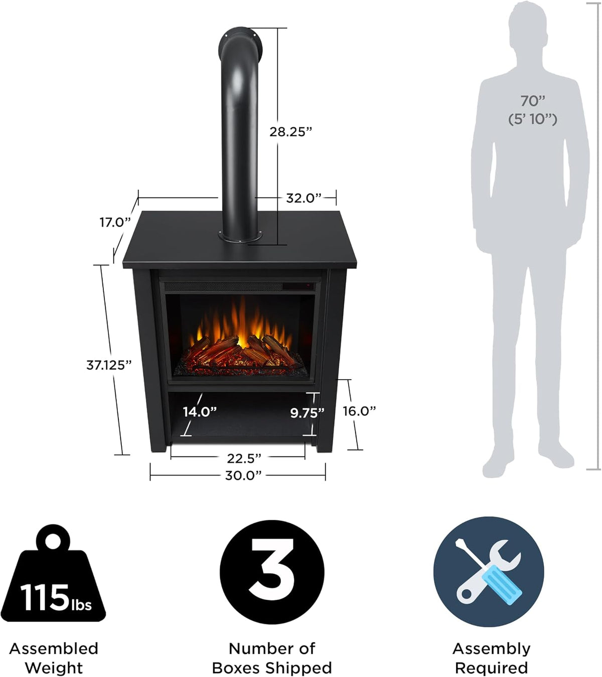 Real Flame Black Hollis Electric Fireplace - Freestanding with Remote Control - 6 Flame Colors & 5 Brightness Levels, Black