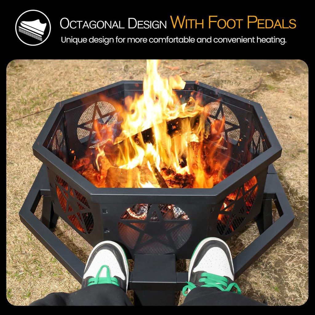 Verdeluxe 32 Inch Outdoor Octagonal Fire Pit with Fire Poker Black