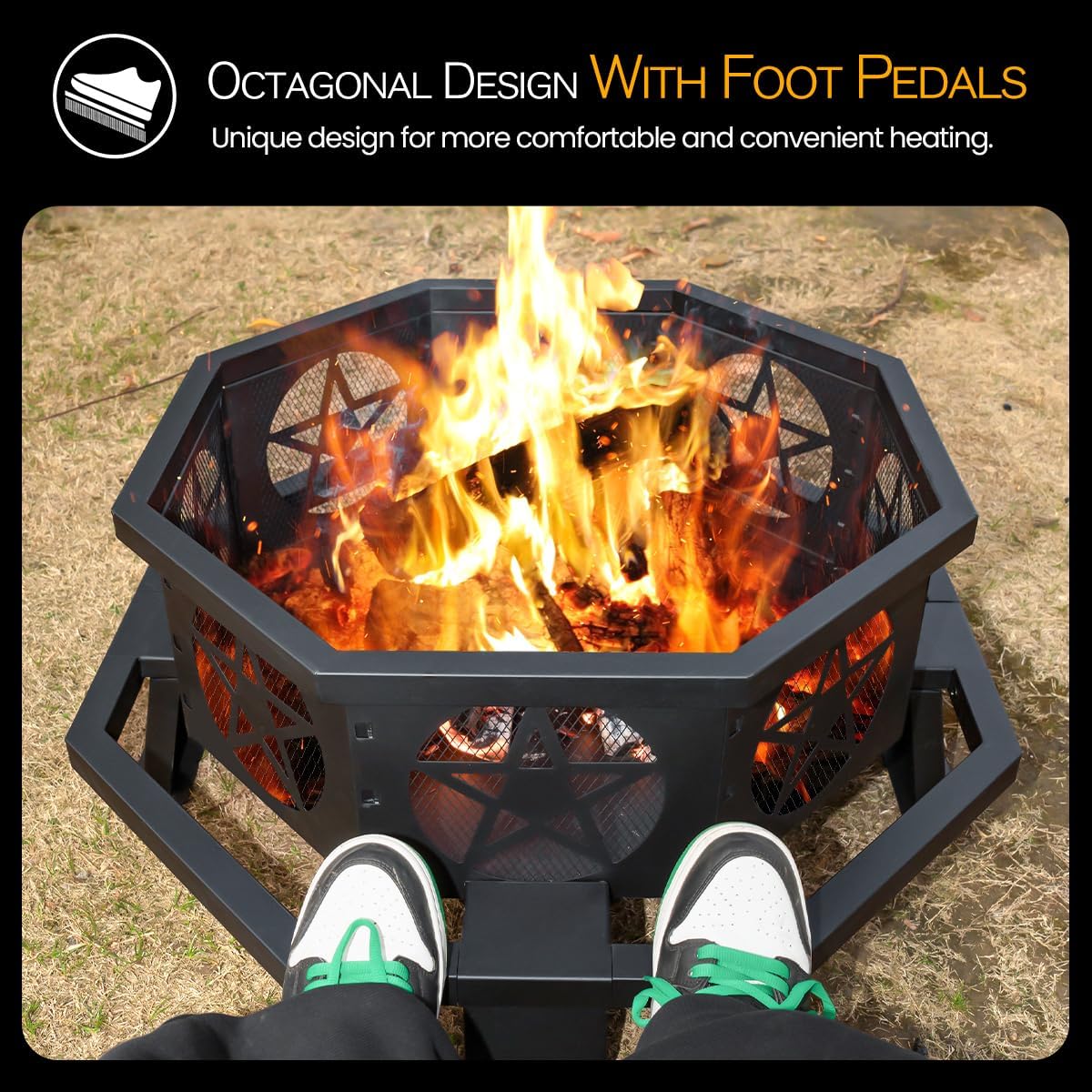 Verdeluxe 32 Inch Outdoor Octagonal Fire Pit with Fire Poker Black