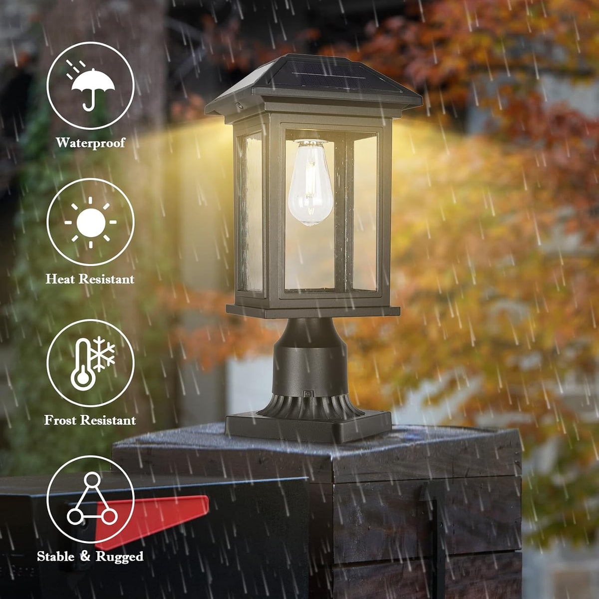 solar post lights outdoor, waterproof anti-rust black pole on a desk or shelf
