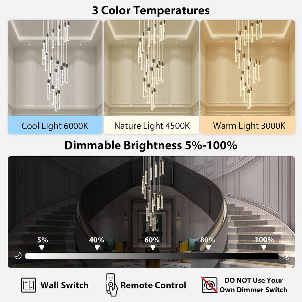 High Ceiling Crystal Staircase Chandelier: 20 Lights Black Foyer Lighting