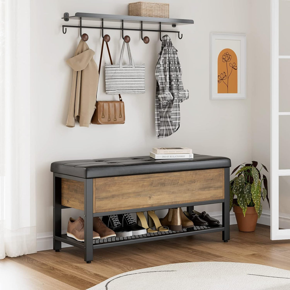 HOSTACK 40" W Storage Bench, Entryway Shoe Bench with Cushion, Rustic Brown