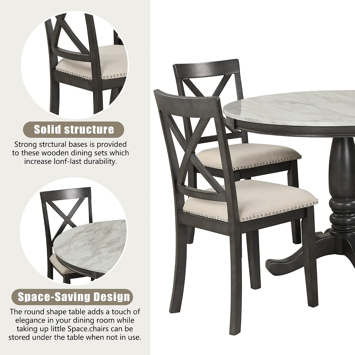 LUMISOL Round Dining Table Set for 4, Farmhouse Kitchen Table Set with Faux Marble Table Top & 4 Upholstered Chairs for Kitchen, Dining Room, Small Space, Muddy Gray