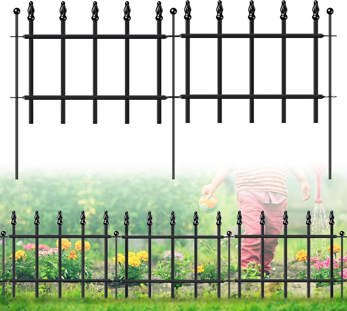 Decorative Metal Garden Fence 11" x 6', Small Fence Border with Stakes