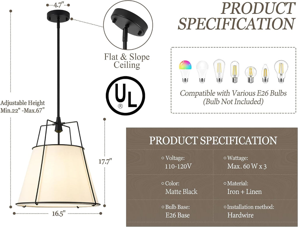 Black Pendant Lights Kitchen Island, 16.5" Linen Drum Chandelier