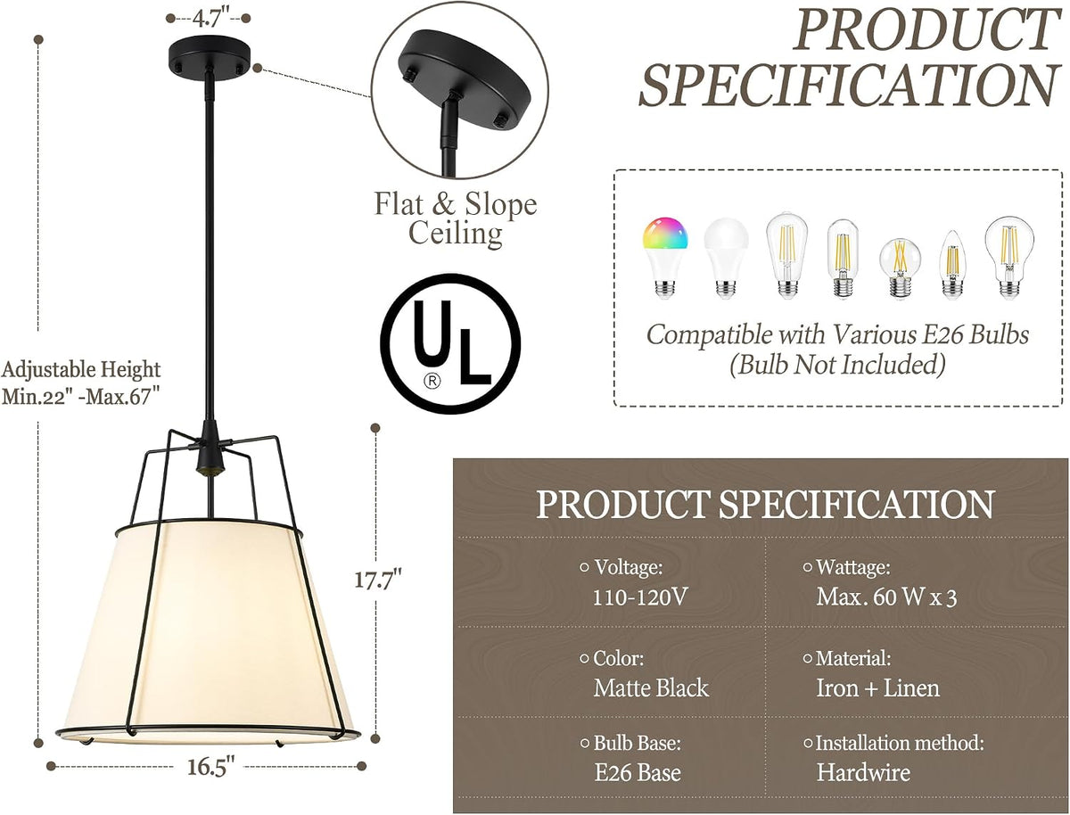 Black Pendant Lights Kitchen Island, 16.5" Linen Drum Chandelier