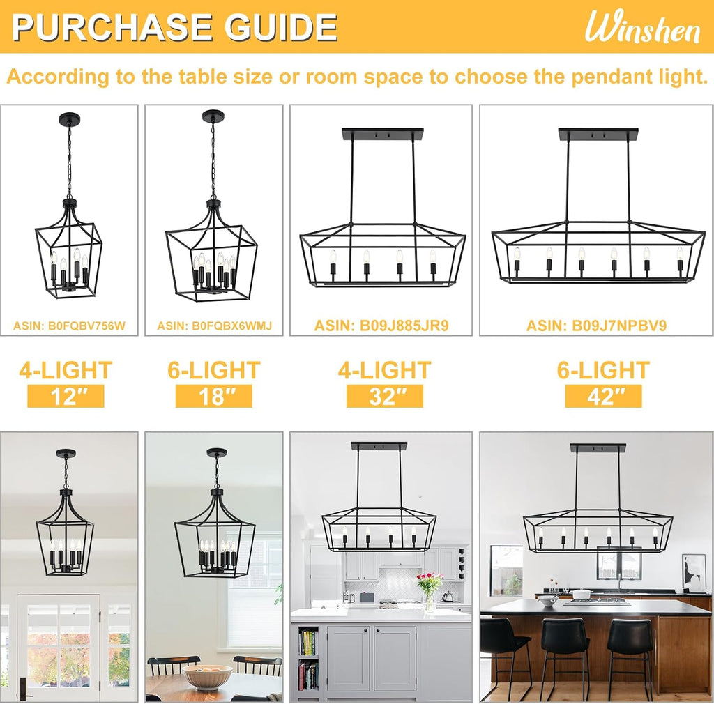 4-light farmhouse lantern chandelier, black pendant light fixture, side view