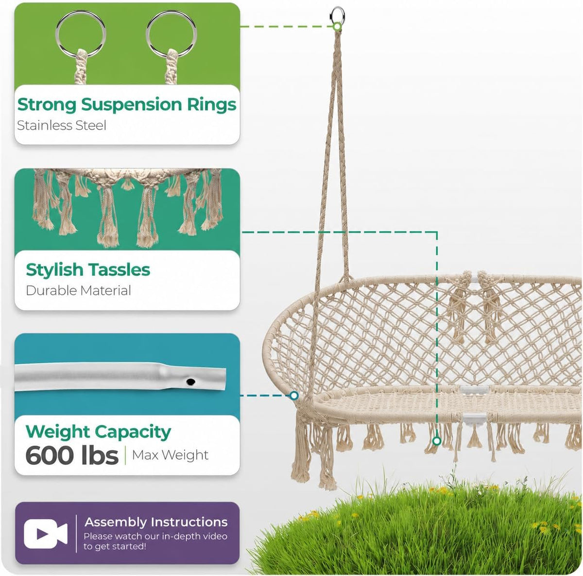 sorbus double hammock swing, macrame double bench showing dimensions