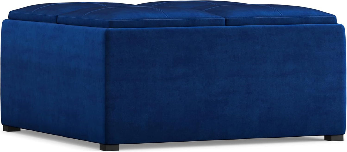SIMPLIHOME Avalon 35" Wide Velvet Square Storage Ottoman in Blue