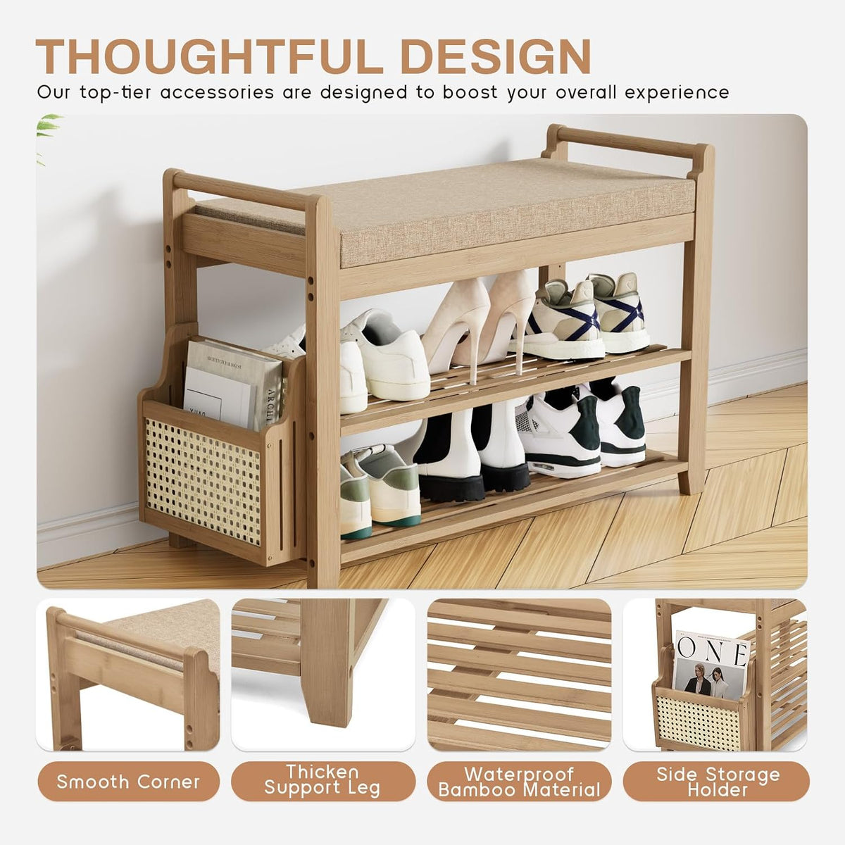 Homaxy 2-Tier Shoe Rack Bench, 28.2 in, Walnut and Light Brown