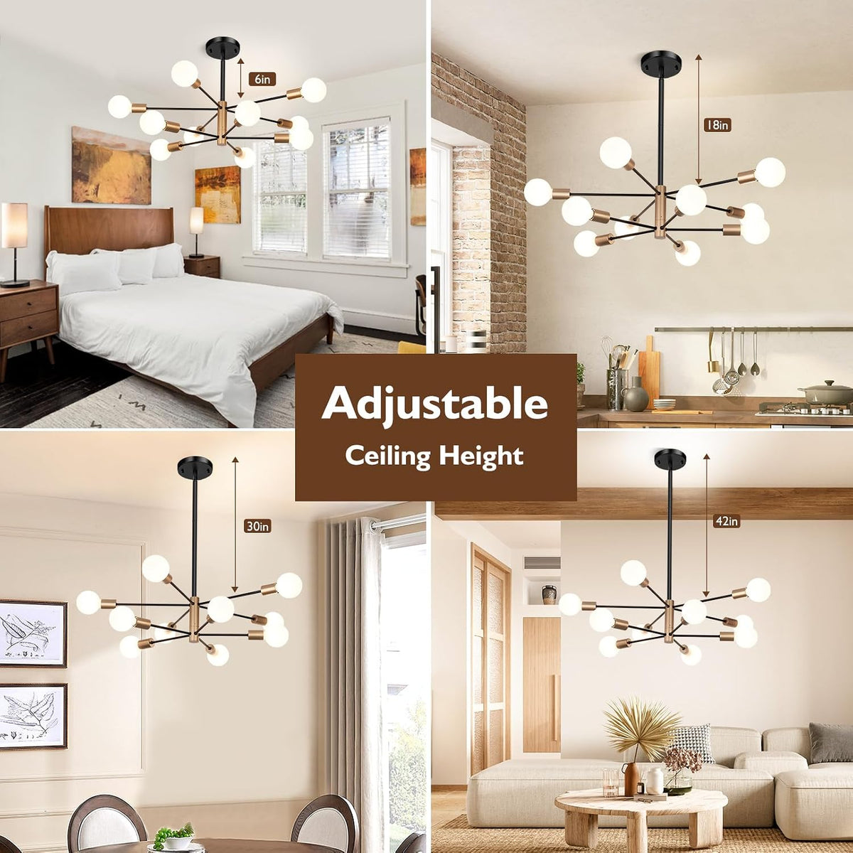 Sheetea 10-Light Chandelier, Dining Room Light Fixture Black and Gold