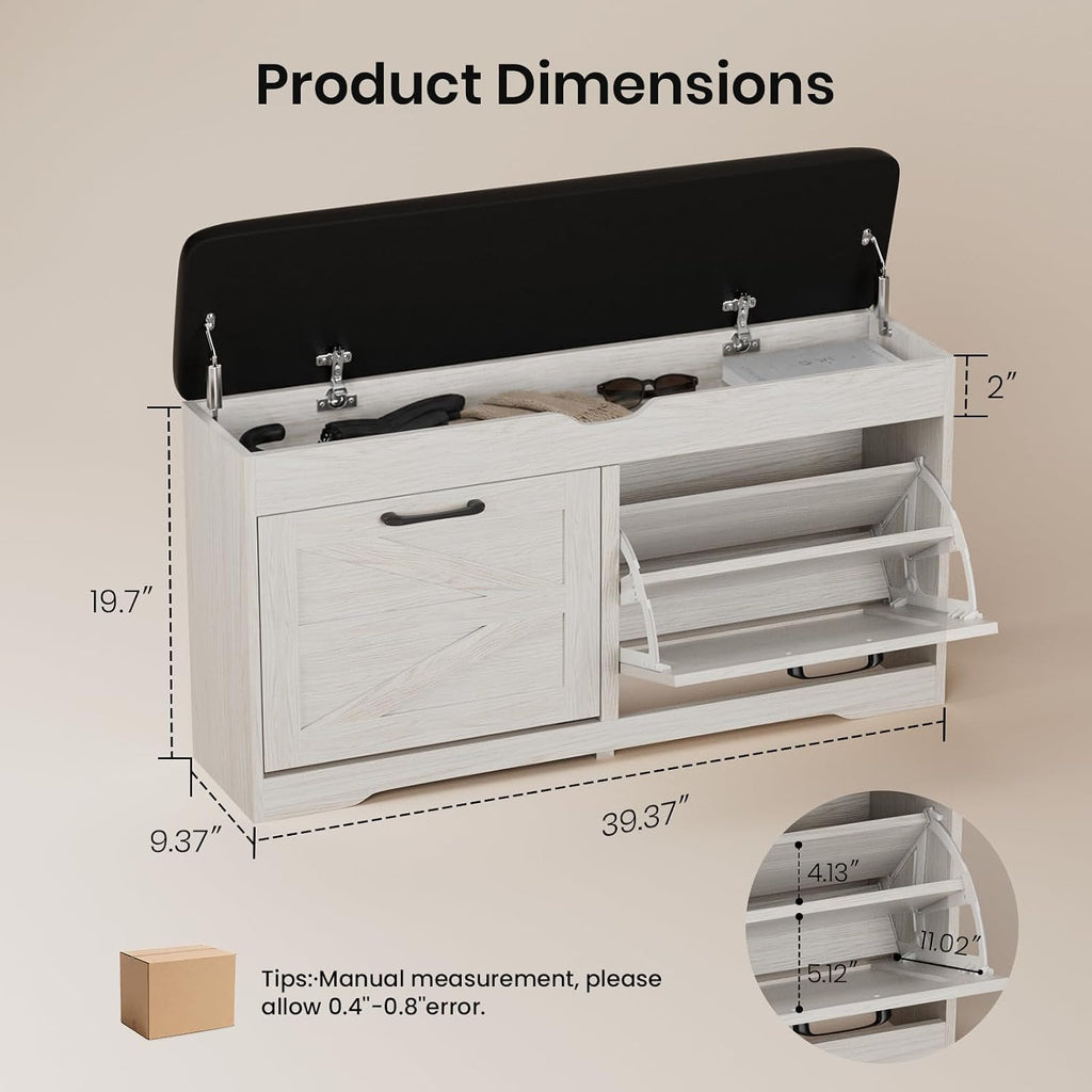 39" Shoe Storage Bench with Seat Cushion, Wood, Ash White