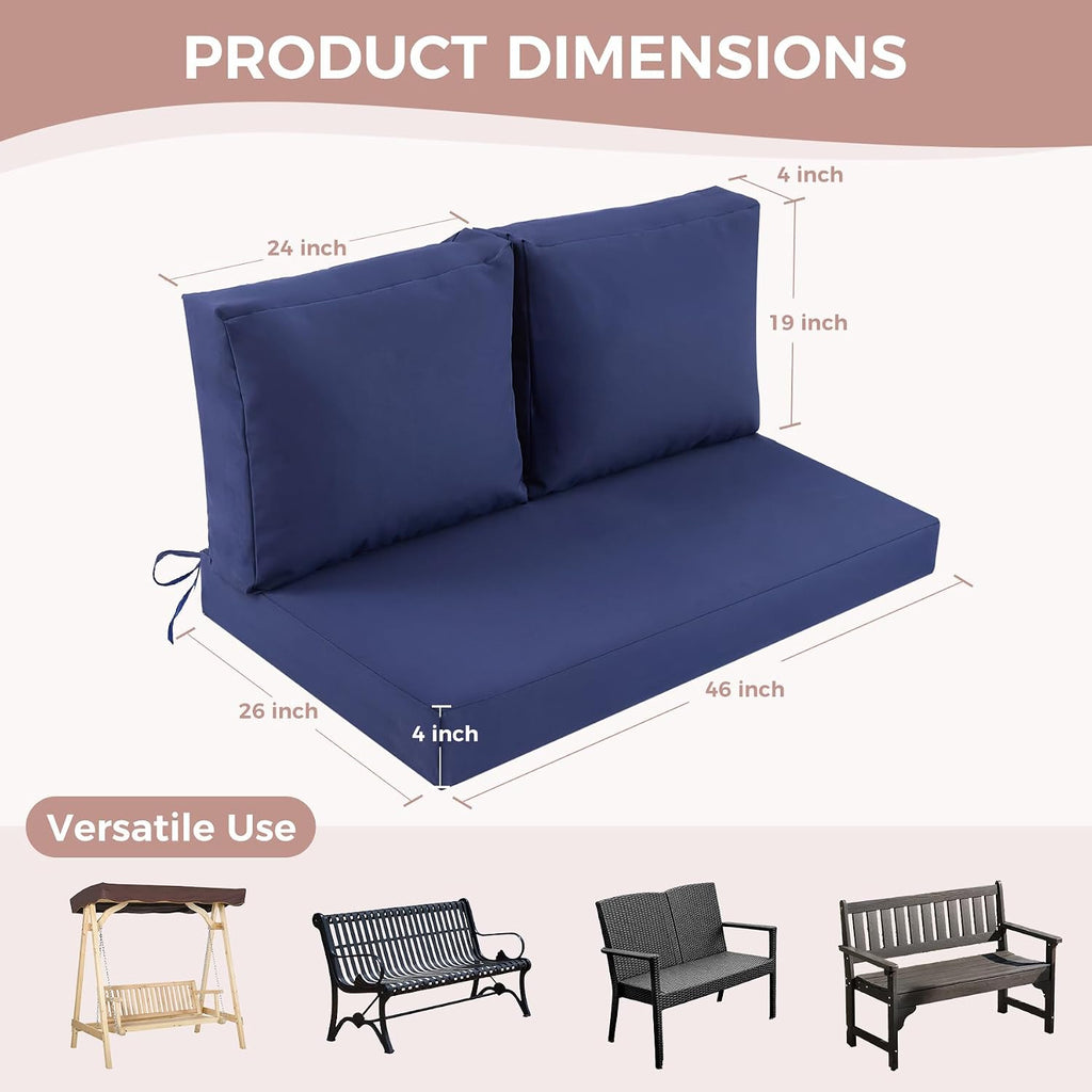 Outdoor Loveseat Cushions, 46×26×4 Inch, Waterproof, Navy Blue