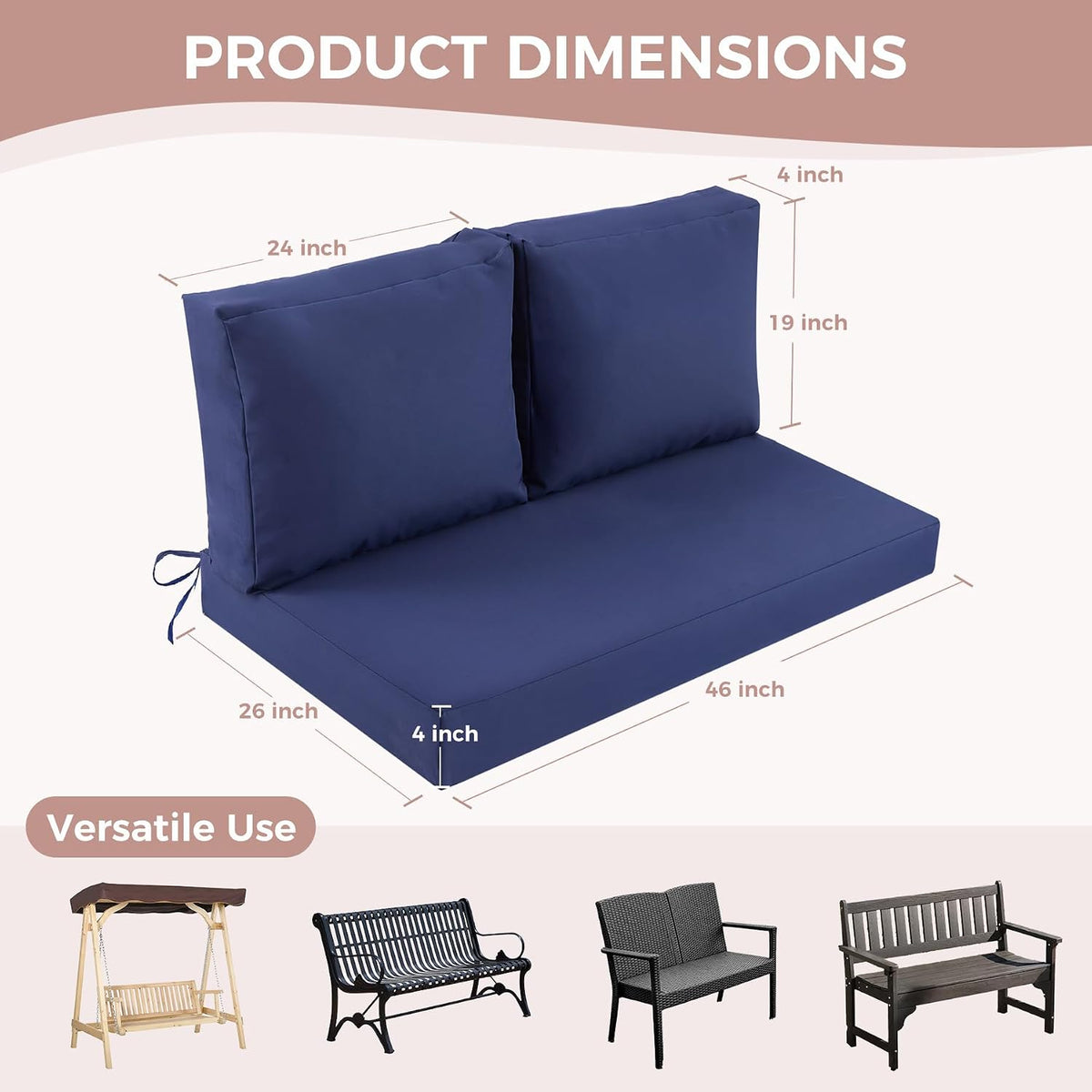 Outdoor Loveseat Cushions, 46×26×4 Inch, Waterproof, Navy Blue