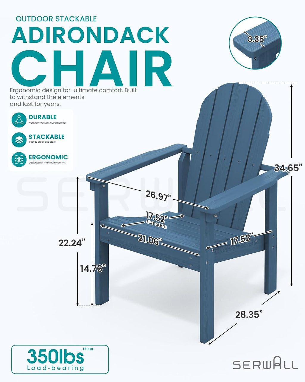 SERWALL HDPE Stackable Adirondack Chairs Set of 2,Space-Saving, Blue
