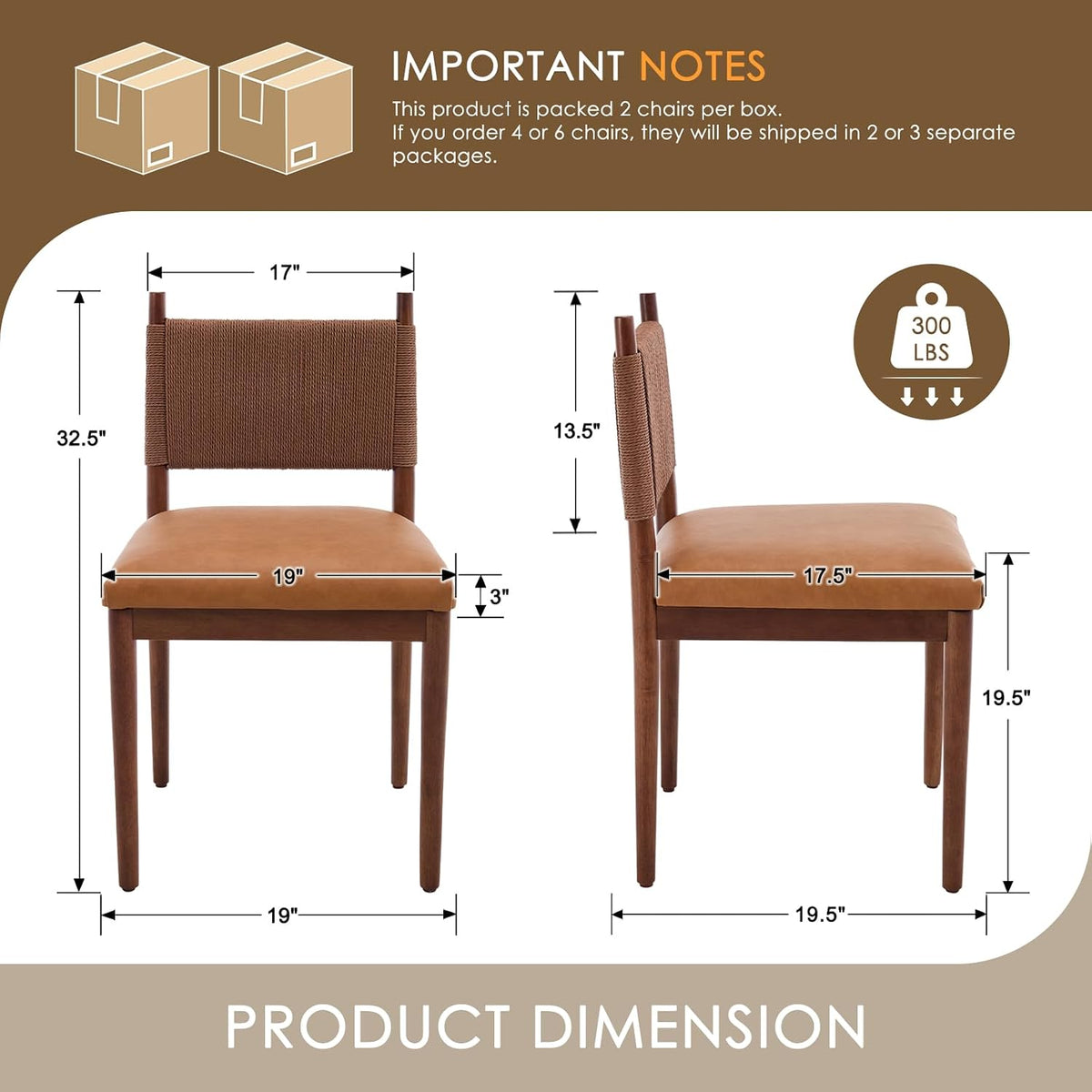 CIMOTA Leather Dining Chairs Set of 4, Woven Back/Walnut Wood/PU Brown